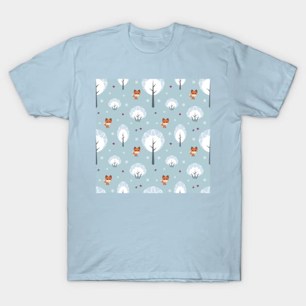 Winter Pattern with Foxes and Birds T-Shirt by labatchino